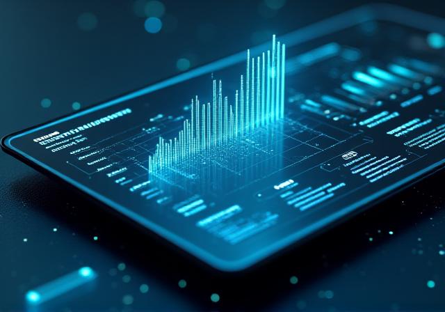 AI-driven sales forecasting dashboard showing upward trends and data nodes